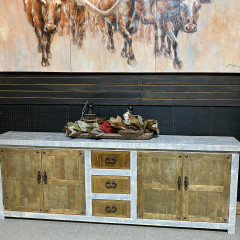 The beauty is in the detail of this stunning sideboard. Handcrafted from solid wood, it has lots of space to display pictures of your loved ones on top, set your television, or display your table top décor. Ample space to store items with the three drawers and two cabinets.

DIMENSIONS:100"L x 36"H x 17"D