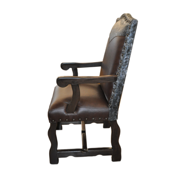 Set it at your dining room table or set it at the bar, this chair is a beautiful addition for your home.  Lined with dark leather this gorgeous chair will add some class to any area its placed.  Call us for more details on the Bison Arm Chair. 