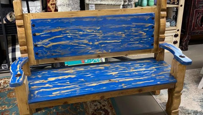 Beautifully handcrafted bench painted in Blue and then distressed. 