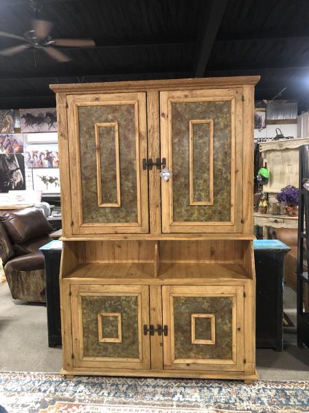 56.5"W x 17.5"D x 86"H

This Cupboard is hand crafted from solid wood with copper inlay and rustic iron hardware. The top two cabinets have three shelves for storage and the bottom two have two shelves. What makes this cupboard even more amazing is the doors are removable if you want to show off your beautiful items that you have stored.