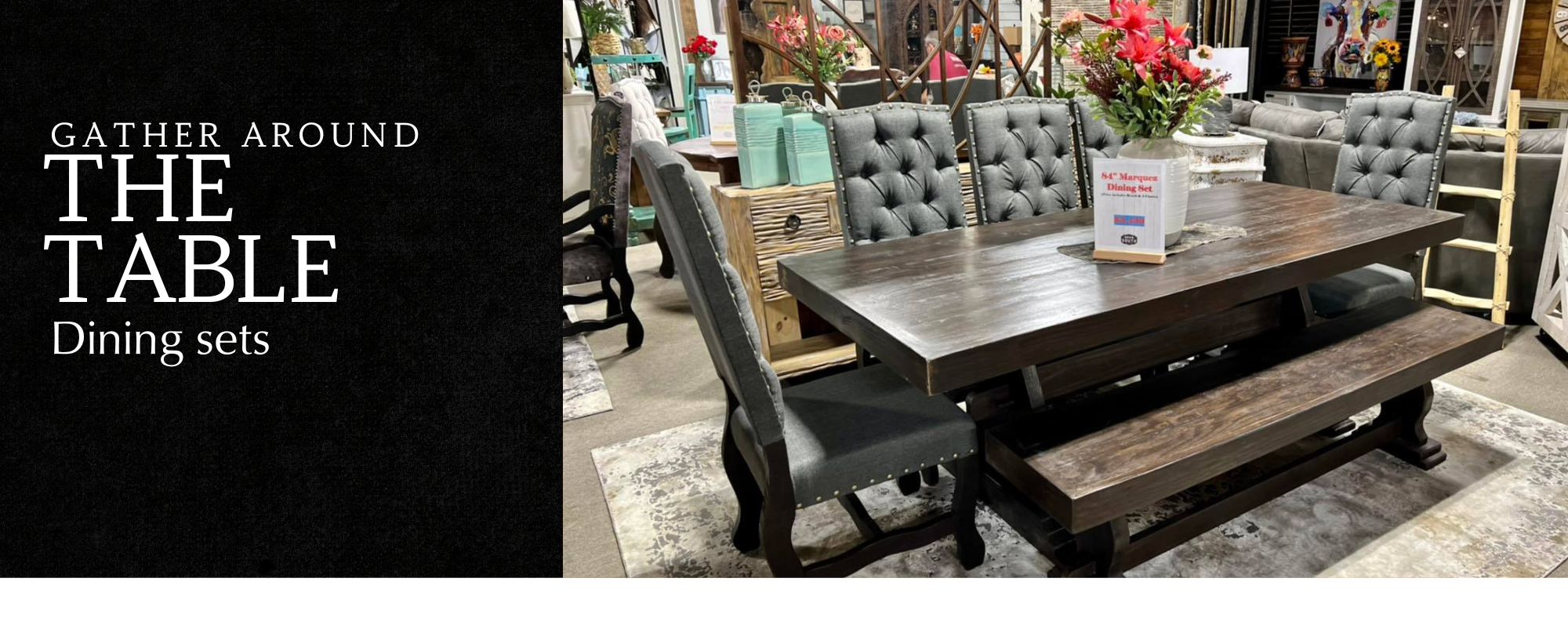 beautiful wooden dining room table with plush grey seats and a bench 