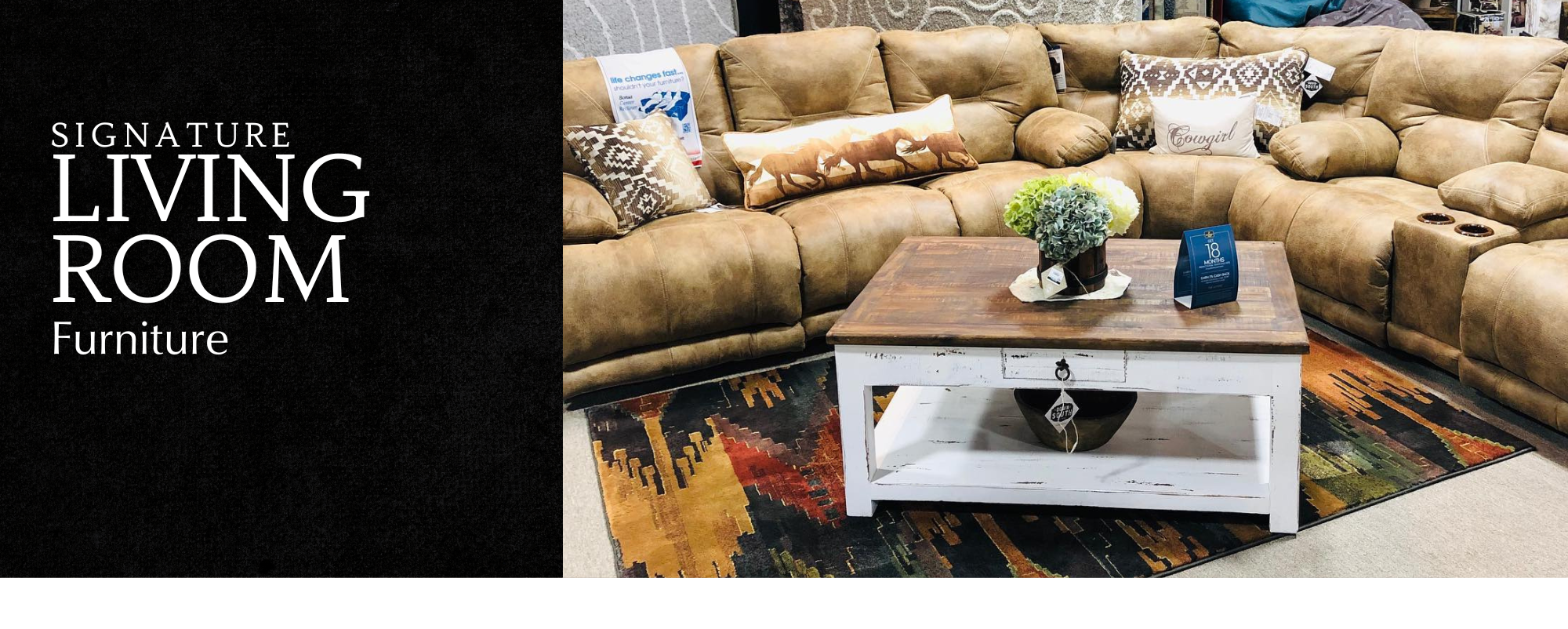 large tan reclining sectional with coffee table and stylish rug