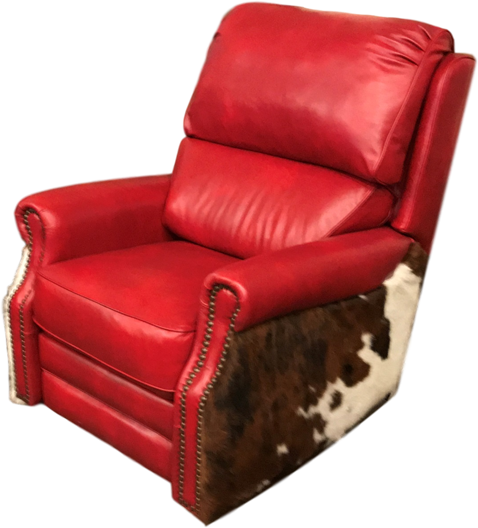 This fun recliner is sure to add a bright pop of color to your home.  Lined with cowhide sides and red leather it's fit for all of our cowboys who need to kick back and relax after a long day on the farm.  Call for more details and availability on the Malone recliner. 