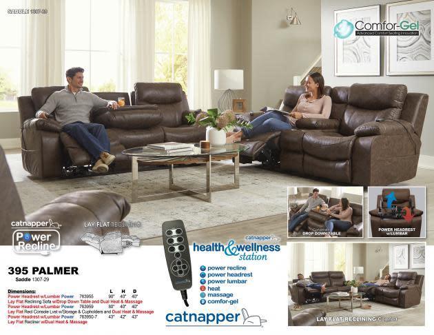 The Palmer Power Reclining Living Room Group with it's faux leather is so comfortable you will be thinking of reasons to binge watch your favorite shows. It features a pub-style back with power headrest, a scooped seat pad-over-chaise with padded footrest, and pillow arms. It has a center storage console and two cup holders. the Palmer also has dual heat and massage features. Come on in and try it out for yourself.
