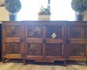 79"L x 20"D x 38"H
This is a stunning sideboard made from reclaimed wood, therefore no two are alike. It has four cabinets with shelves behind them. The cabinet doors have rustic iron hardware that adds to the beauty of this piece.