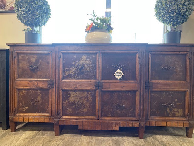 79"L x 20"D x 38"H
This is a stunning sideboard made from reclaimed wood, therefore no two are alike. It has four cabinets with shelves behind them. The cabinet doors have rustic iron hardware that adds to the beauty of this piece.