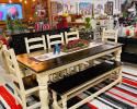 Need a place for eight? We have you covered with our Round leg table set. the table is 7 foot long , it comes with 5 ladderback chairs and a bench. Please come by and visit our showroom or call for availability and color options.
