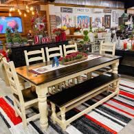7 Ft. Round Leg Table with chairs and bench.
