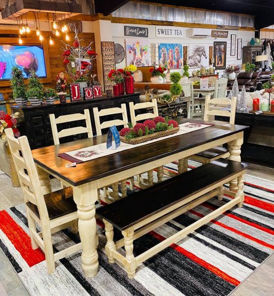 Need a place for eight? We have you covered with our Round leg table set. the table is 7 foot long , it comes with 5 ladderback chairs and a bench. Please come by and visit our showroom or call for availability and color options.