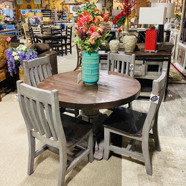 48" Round Santa Rita Table in Gray. Chairs sold separately so you can mix and match however you would like. This solid wood table comes in may colors to match anyone's home décor. White, Black, Natural and gray and all are distressed to give that aged feeling.