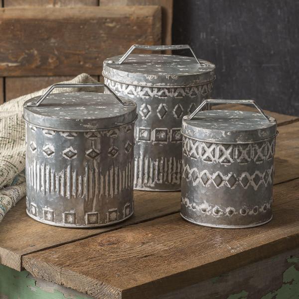 Set of 3 metal canisters with lids. Use only with wrapped food or use to store small items. These items nest for easy shipping and storage.
Large: 7½" dia. x 9"H, Medium: 7" dia. x 8"H, Small: 6" dia. x 7¾"H.