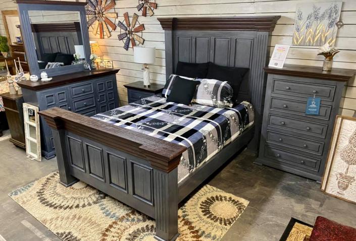 Sophia Bedroom Group in Gray and stained wood finish.