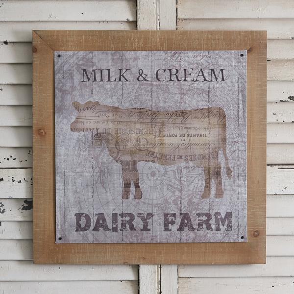 Vintage Dairy Farm Wall Art is printed on metal and sits on a wood frame. It hangs with two triangle ring hangers.
19¾'' sq. x ¼''D