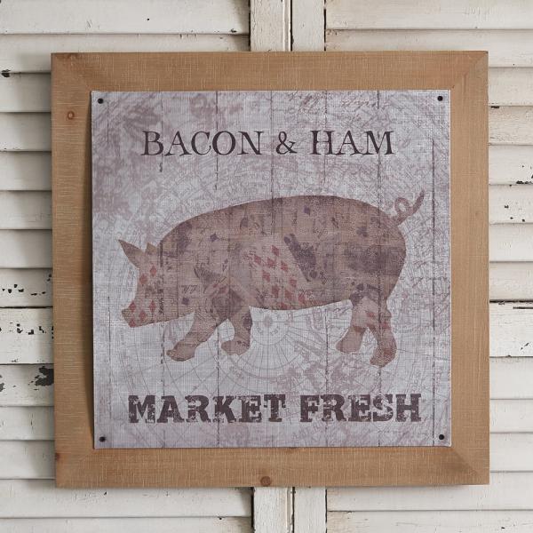 Vintage Meat Market Wall Art is printed on metal and sits on a wood frame. It hangs with two triangle ring hangers.
19¾'' sq. x ¼''D