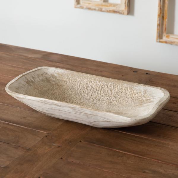Feature this primitive whitewash bowl as a centerpiece or simplistic tabletop design. This item is made of resin and made to resemble the look and feel of wood.